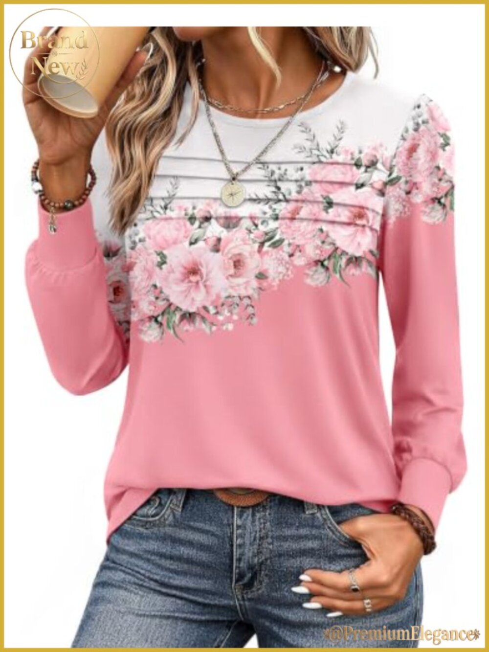 Women's Boho Pleated Tunic Top Long Sleeve Crew Neck Flowy Blouse